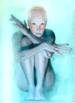 Book cover image from A Door into Ocean: A bald female figure with grey skin sits on the floor with knees up and facing the viewer.