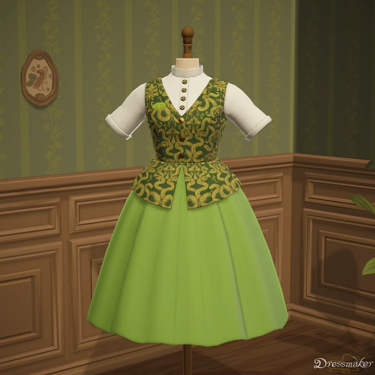 Dress generated in Dressmaker. Green vest with a bold snake pattern, white short-sleeved blouse, green circle skirt.