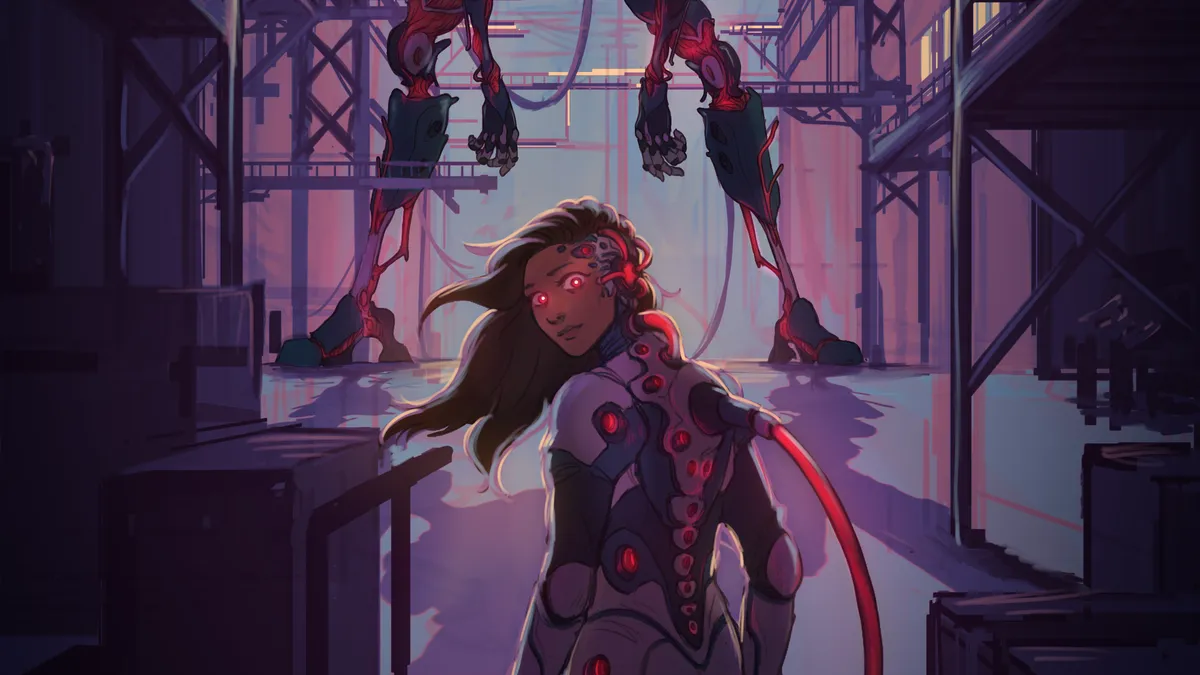Illustration showing female mech pilot with mech in background