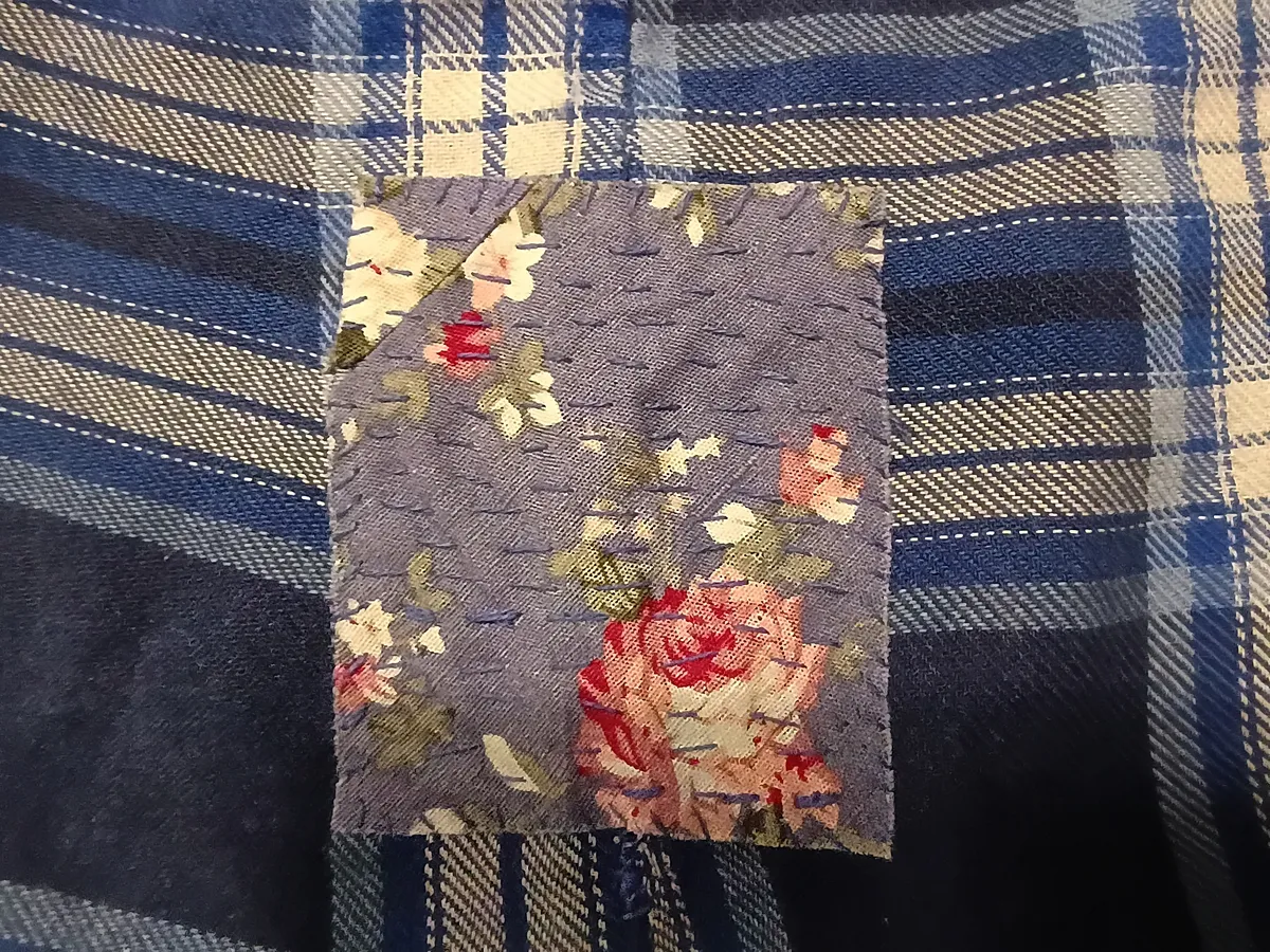 blue plaid pajamas with floral patch