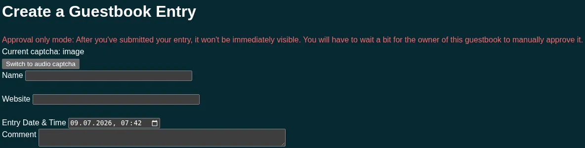 A message informing the user that their guestbook entries need to be manually reviewed before they get displayed publicly.