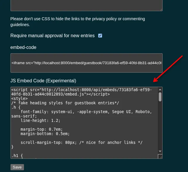 On the edit page of your guestbook, you'll be able to find the embed code under