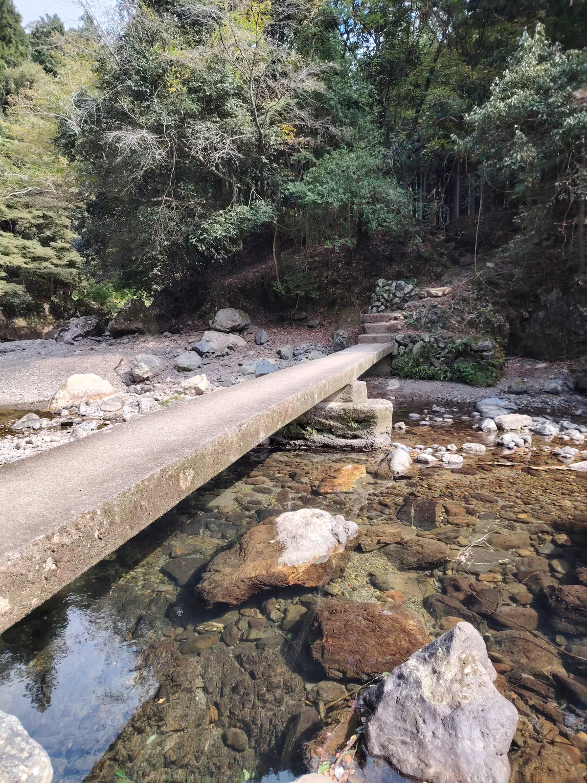 a small stone bridge in a forest, crossing over a river.