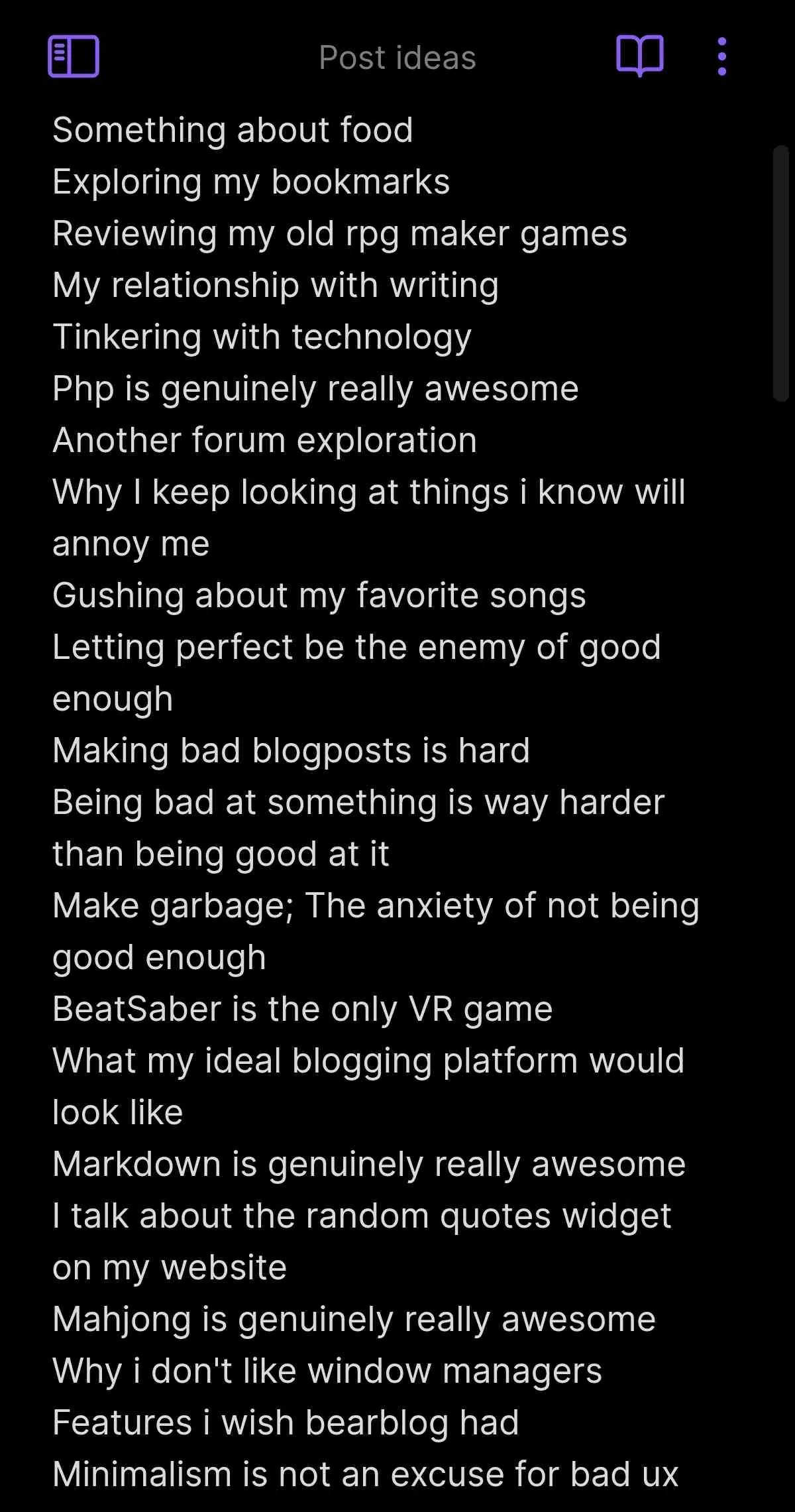 A screenshot of my blogpost ideas taken in obsidian