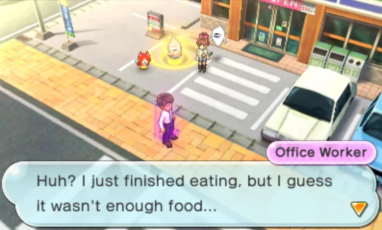 A office worker suddenly gets hungry thanks to hungramps influence.