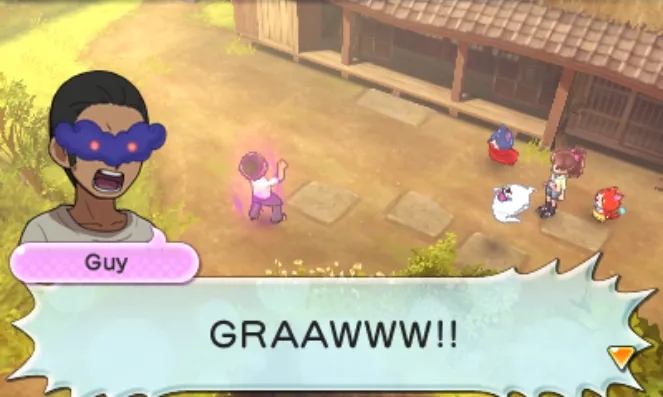 A guy yells at us, seemingly possessed by some sort of yokai.