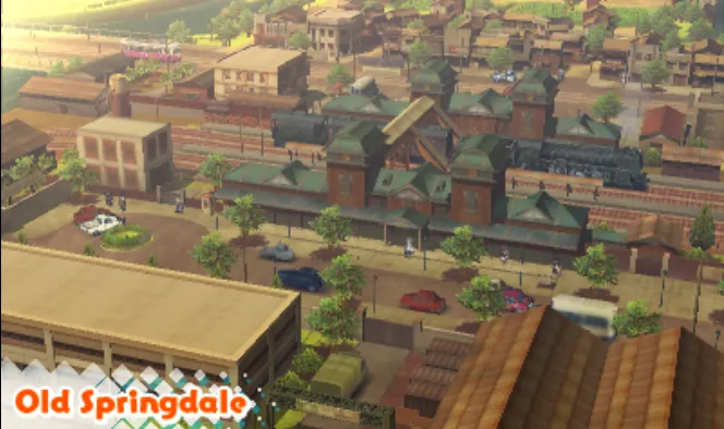 An aerial view of old springdale, an old-timey town. The big steamtrain in the distance stands out most.