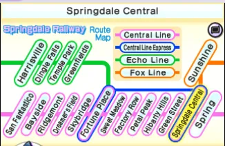 A map of all the train lines in Yokai Watch. It looks kind of like the London subway map. Just a lot smaller, there's maybe like 4 different lines.