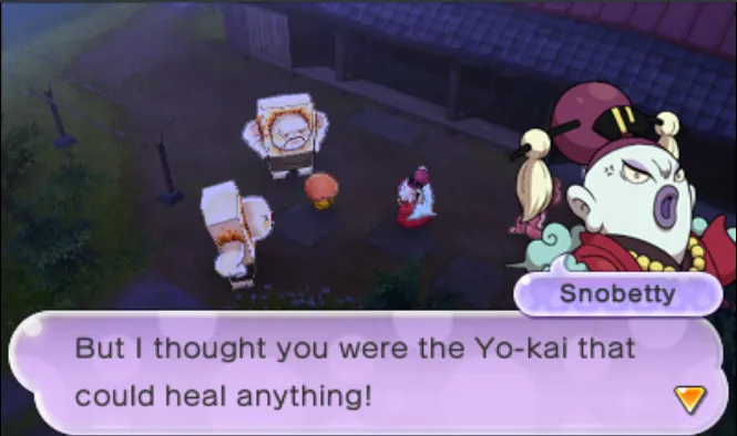 Snobetta is annoyed that tongus can't heal her. Snobetty is pale-skinned yokai, wearing what looks to be an expensive outift. Tongus is a sentient mushroom with a big tongue.