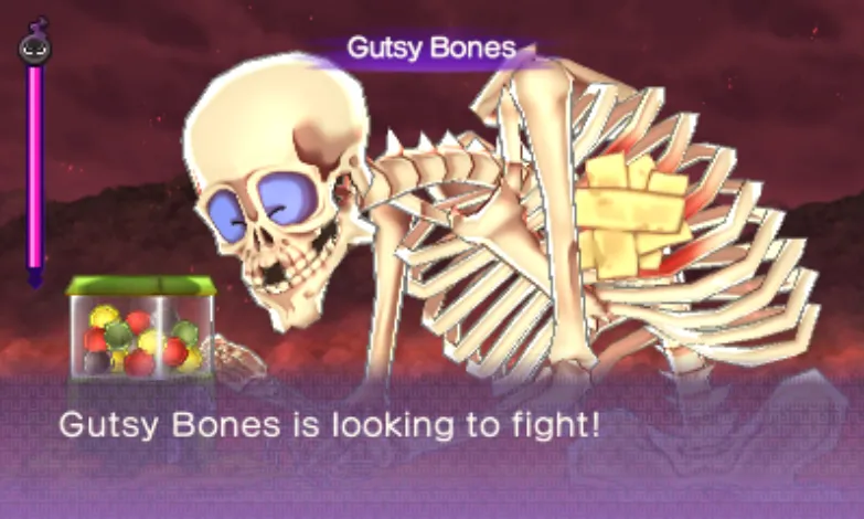 Gutsy Bones, a huge skeleton operating a giant gacha machine.
