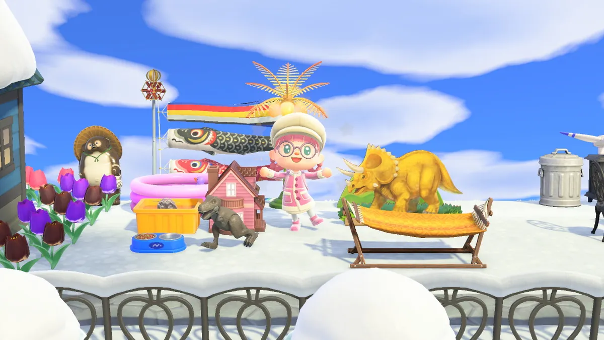 Slothra is standing in their yard, to the right of the house, with a tanuki statue, a carp streamer, a plastic pool, a giant isopod in a plastic crate, a dog food dish, a dollhouse, a plastic tyrannosaurus rex, a standup of a triceratops, and a hammock.