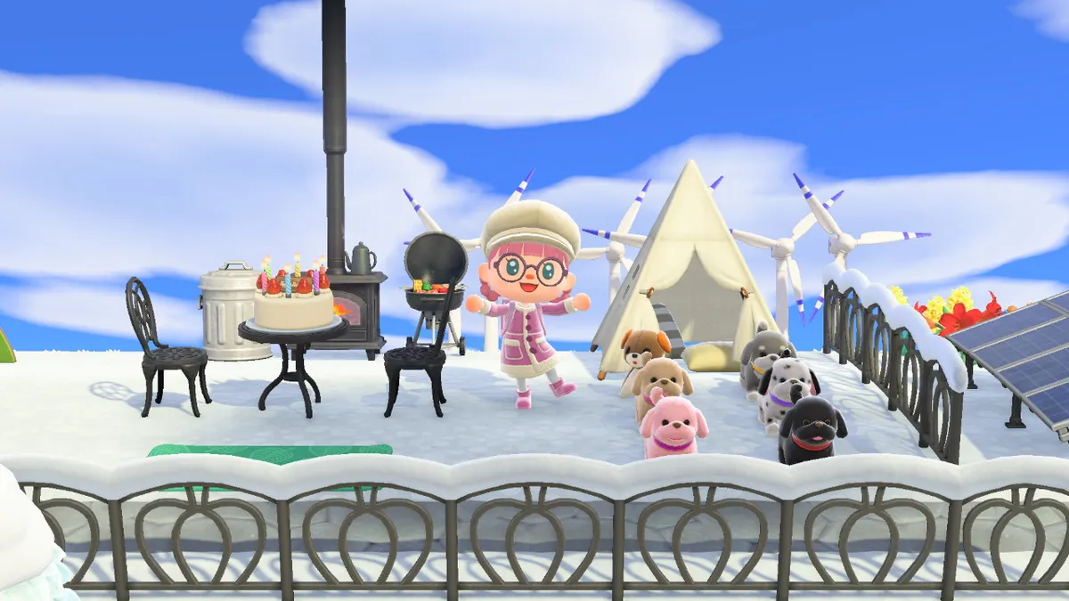 Slothra is standing in the rest of their yard, with a cast-iron stove, two cast-iron chairs, a cast-iron table with a cake on top, a play tent, five little robotic barking dogs, one toy dog, and wind turbines and solar panels in the back.