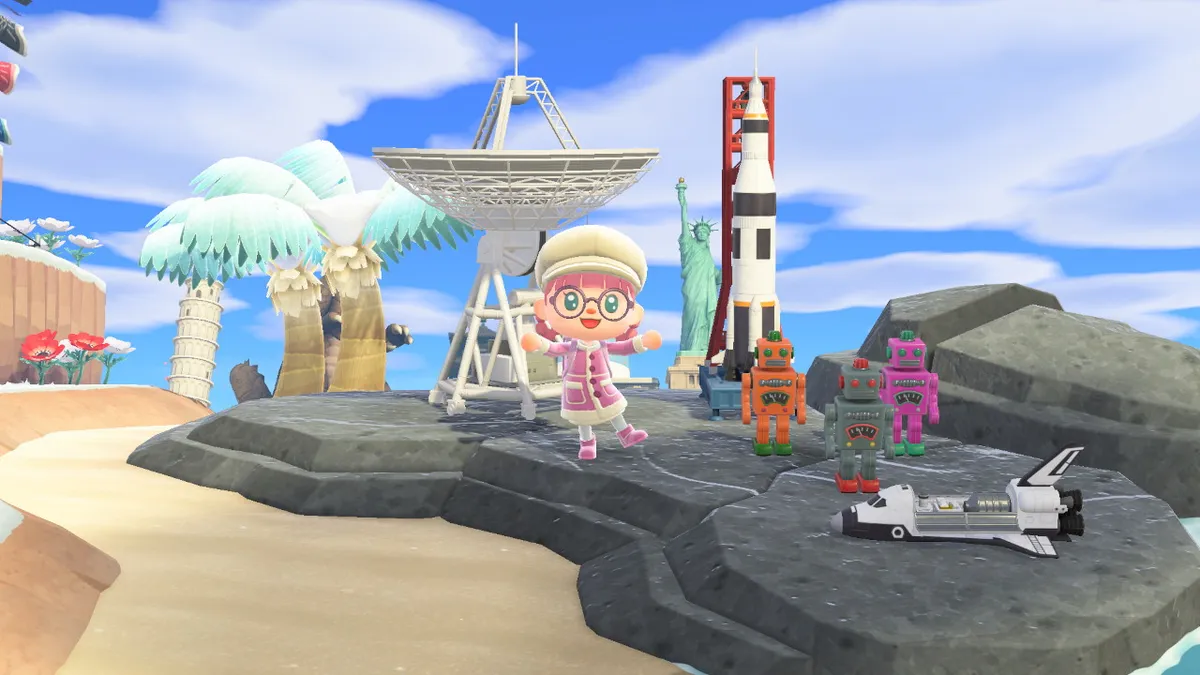 Slothra is standing on some seaside rocks, where there's a satellite dish, a rocket tower, a space shuttle, and three robot toys that look like they're about to attack the space shuttle