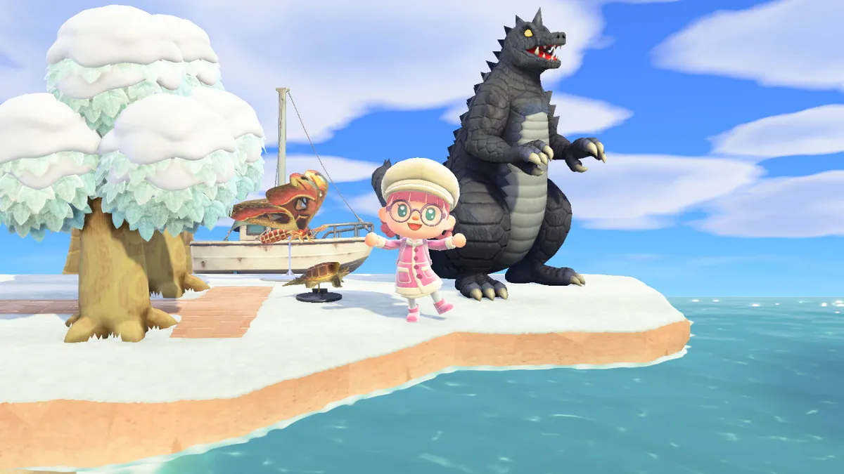 Slothra is standing on a small archipelego, with another Godzilla figure, a statue of an Atlas moth, and a statue of a snapping turtle