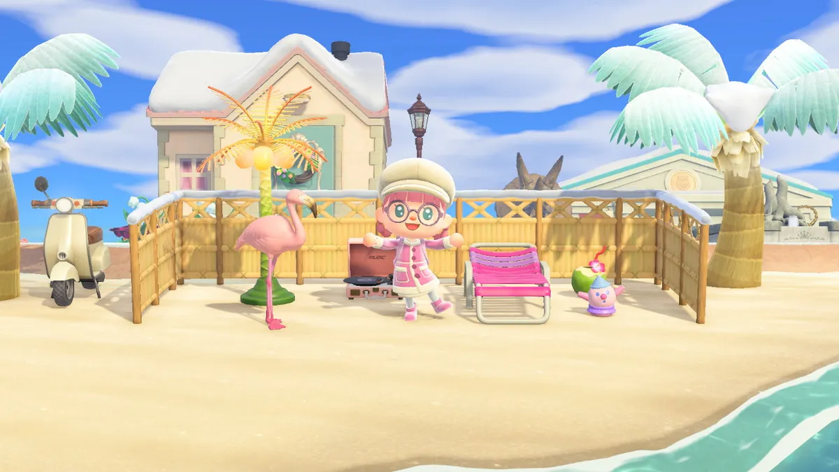Slothra is standing in front of a little beachside area, with a scooter, a plastic flamingo, a palm tree light, a portable record player, a beach lounger, and a coconut drink