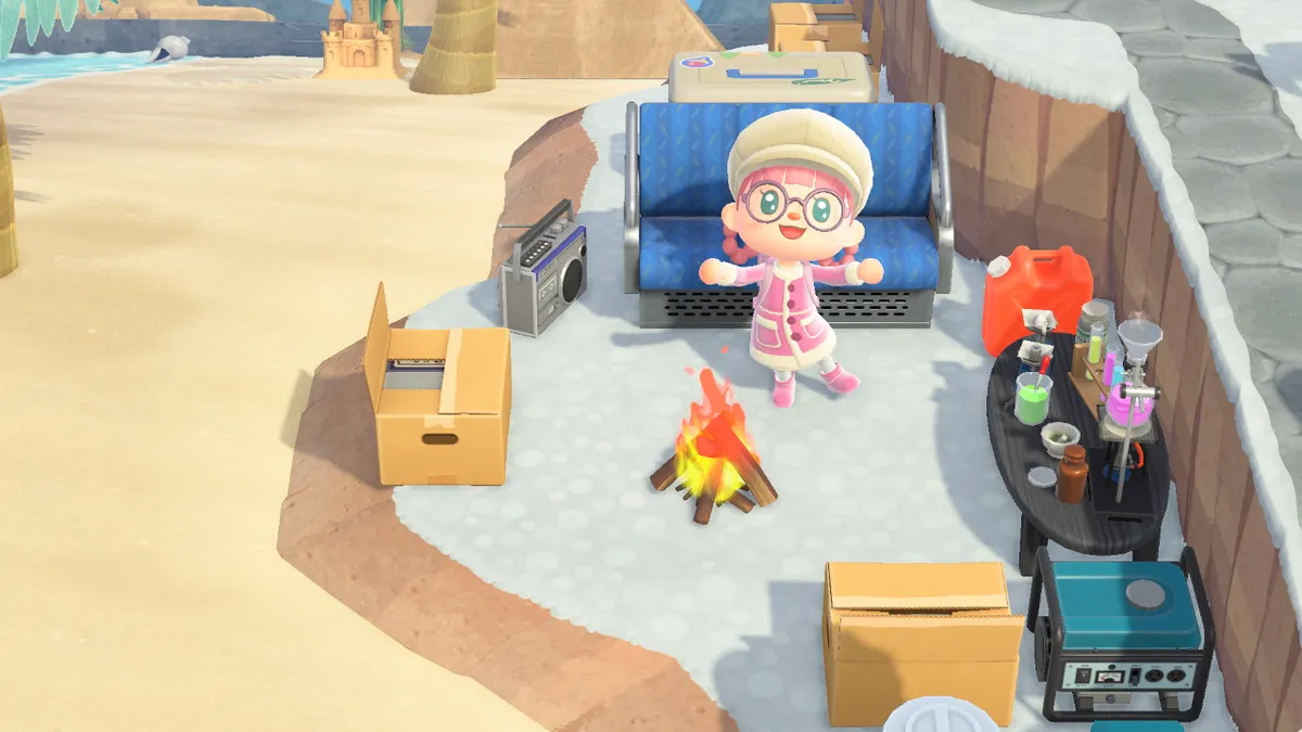 Slothra is standing surrounded by a chemistry set, a bunch of plastic fuel containers, a campfire, cardboard boxes, a generator, and an abandoned airline seat