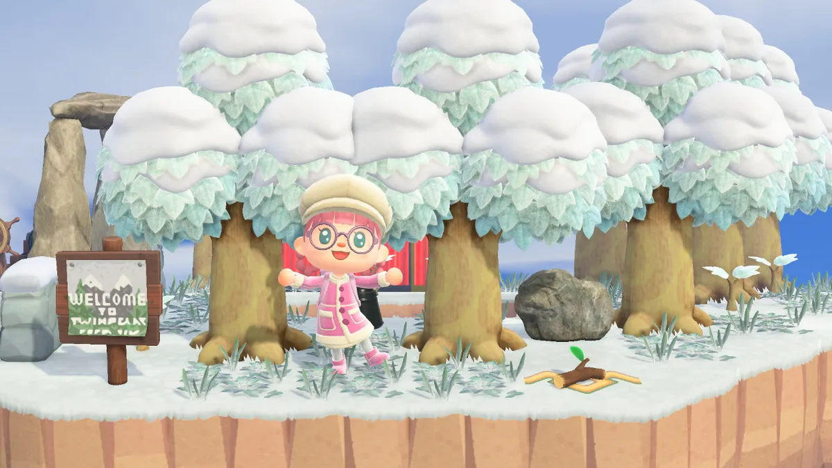 Slothra is standing in front of a bunch of trees. You can just make out a small pond and some red curtains behind the trees. There's also a log and a sign that says Welcome to Twin Peaks