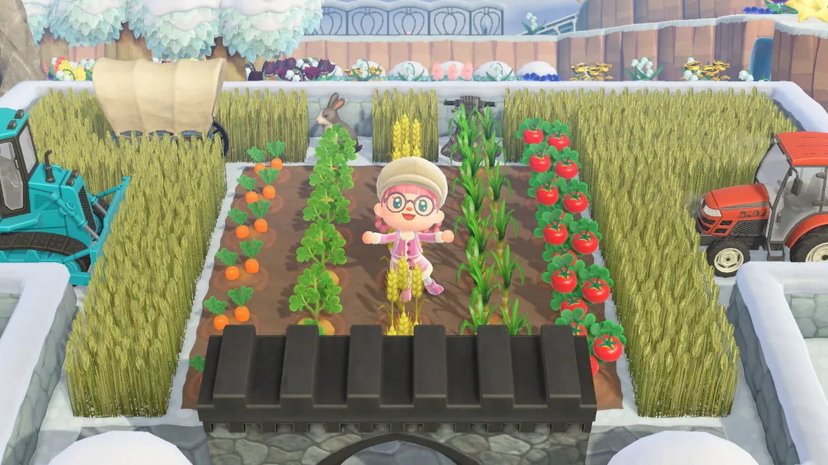 Slothra stands in the middle of a farm, with a tractor, a bulldozer, a covered wagon, lots of wheat, and carrots, potatoes, wheat, sugar cane, and tomatoes.