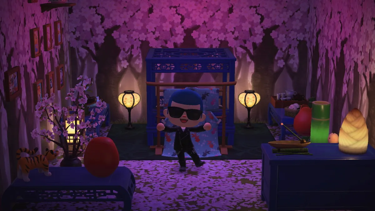 Slothra stands in front of a large Chinese Imperial bed and a kimono rack. The wallpaper and floor are covered in cherry blossoms, and there are a lot of Generic-Asian-Themed items around.