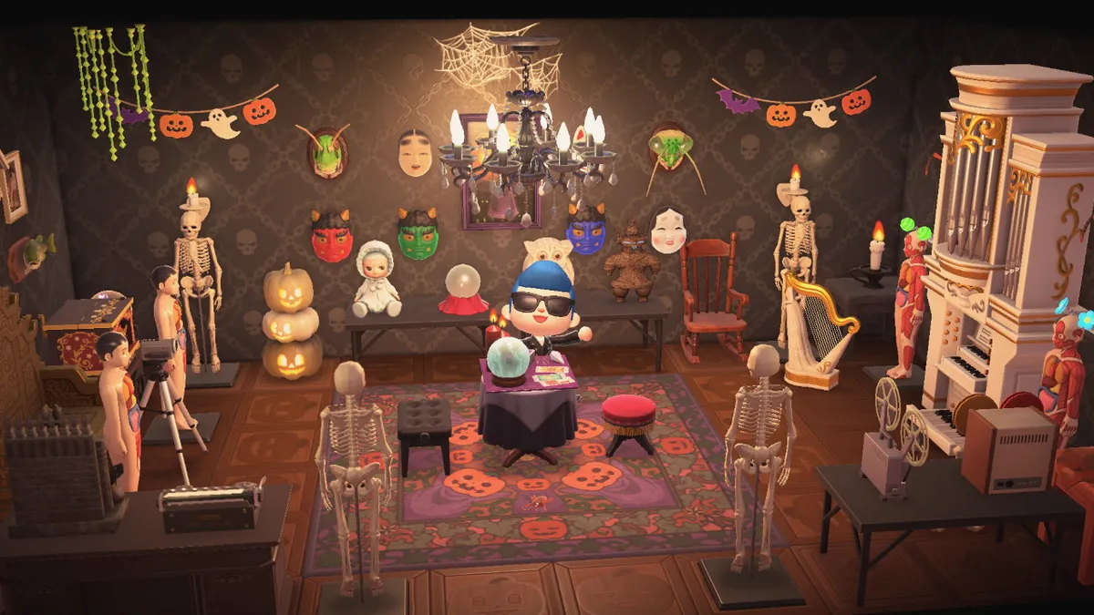 Slothra is still in the Seance Room, but the lights are on, showing even more detail of what's in there, including masks, skeletons, dolls, crystal balls, a pipe organ, a harp, anatomical figures, and spiderwebs