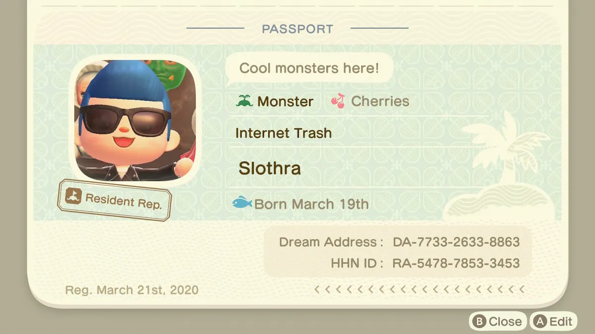 Slothra's Animal Crossing: New Horizons passport, with the slogan 'Cool monsters here!', the island's name, the island's assigned fruit, the title 'Internet Trash', and the Dream Address and HHN ID numbers.