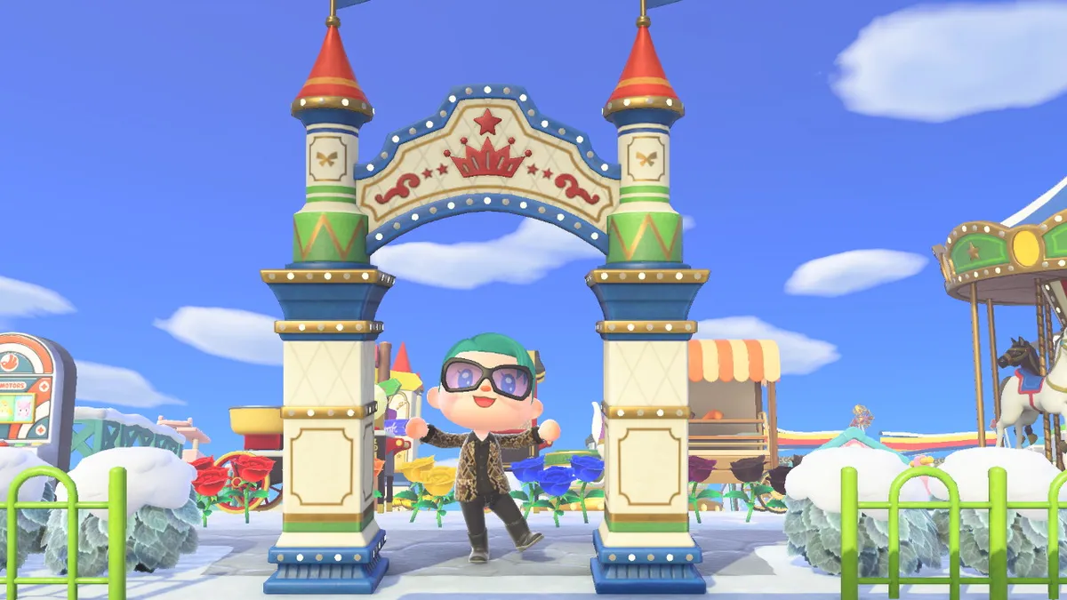 Screenshot from Animal Crossing: New Horizons, showing Slothra, wearing a python-skin jacket, a pair of black jeans and boots, and a pair of wraparound sunglasses, standing in the middle of a large theme park arch.
