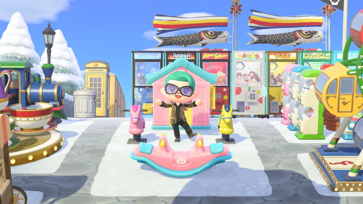 Slothra is standing in a small section with a plastic kiddie house behind them, two horse riders on either side, and a plastic seesaw in front.