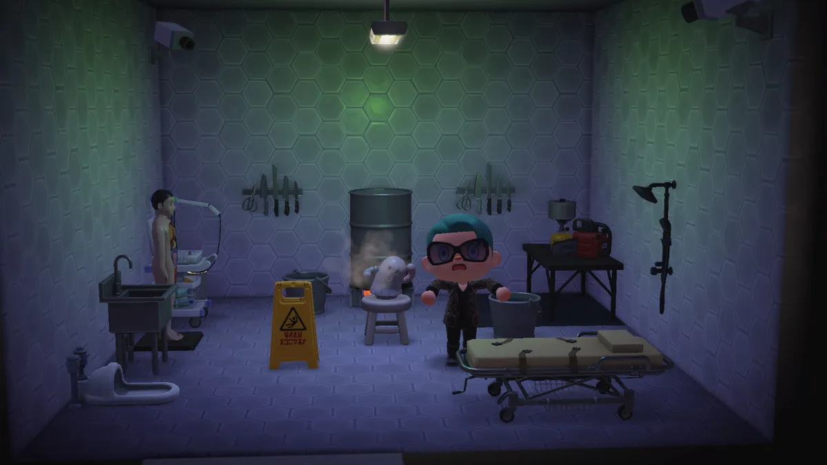 Slothra stands in a white tiled room bathed in an eerie green light. There are knife racks, a shower, and CCTV cameras on the walls. There is a large oil drum boiler, a sink, an anatomical model, and a gurney bed around the room. There's also a Wallopoid gyrating frantically on a wooden stool.