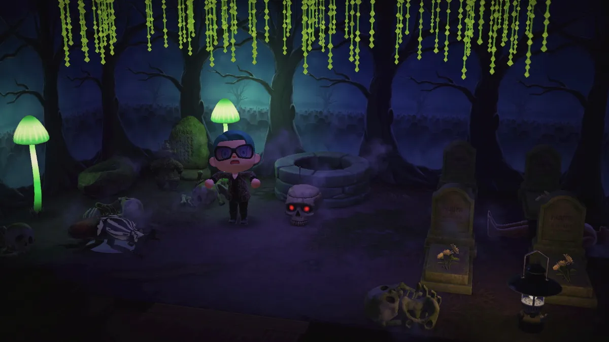 Slothra stands in a dark graveyard, with gravestones, glowing green mushrooms, glowing moss hanging from the ceiling, skeletons, a skull with glowing red eyes, and a dark deep stone well right in the middle.