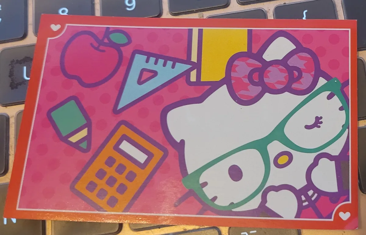 Hello Kitty wearing nerd glasses and winking, surrounded by math accoutrements, such as a calculator, a pencil, a notebook, an apple, and a set square