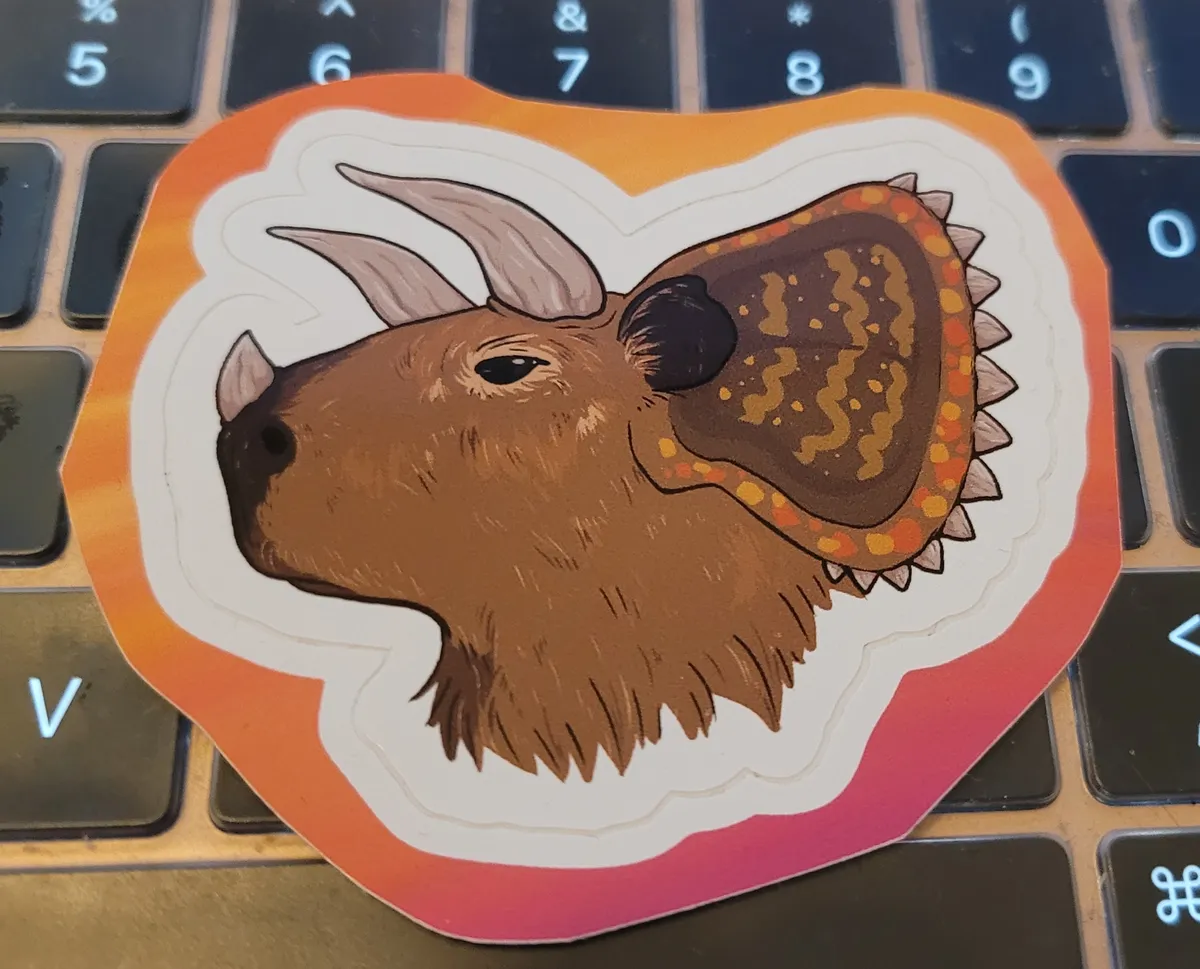 A capybara with a triceratops crest on its head