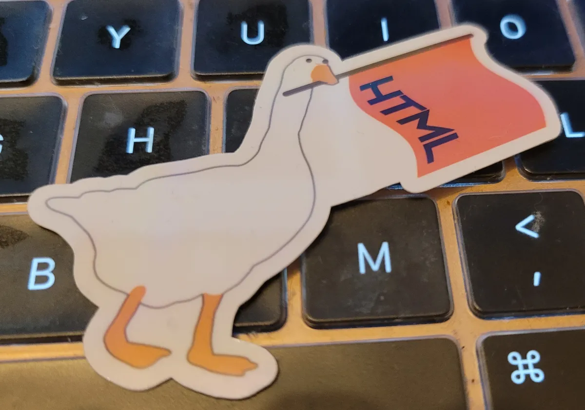 A cartoon goose is holding a little orange flag that says HTML on it