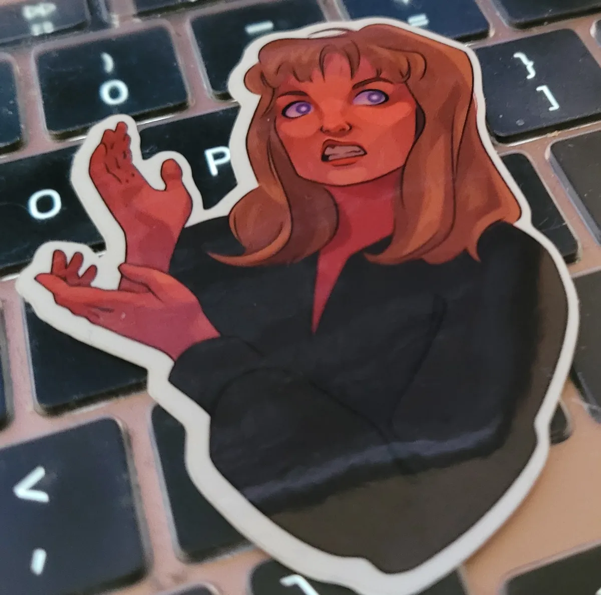 An illustration of Laura Palmer from Twin Peaks, doing the "Meanwhile" hand gesture, which is where the right hand is held up, the palm towards you, and the left hand is slightly curved underneath the right.