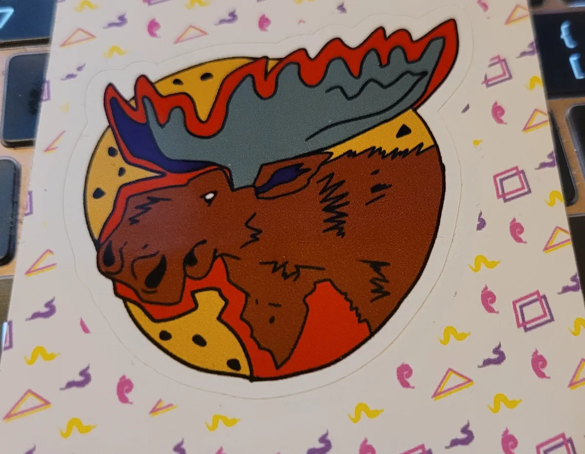 An illustration of a moose, done in a vaporwave style.