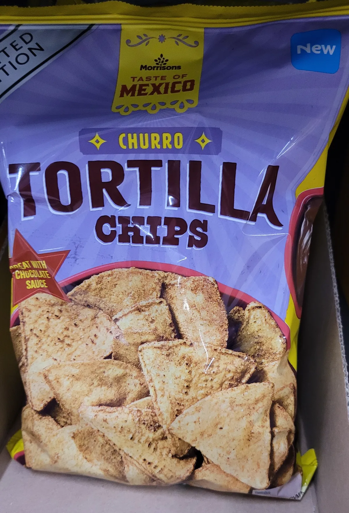 A bag of churro-flavoured tortilla chips, part of Morrison's
