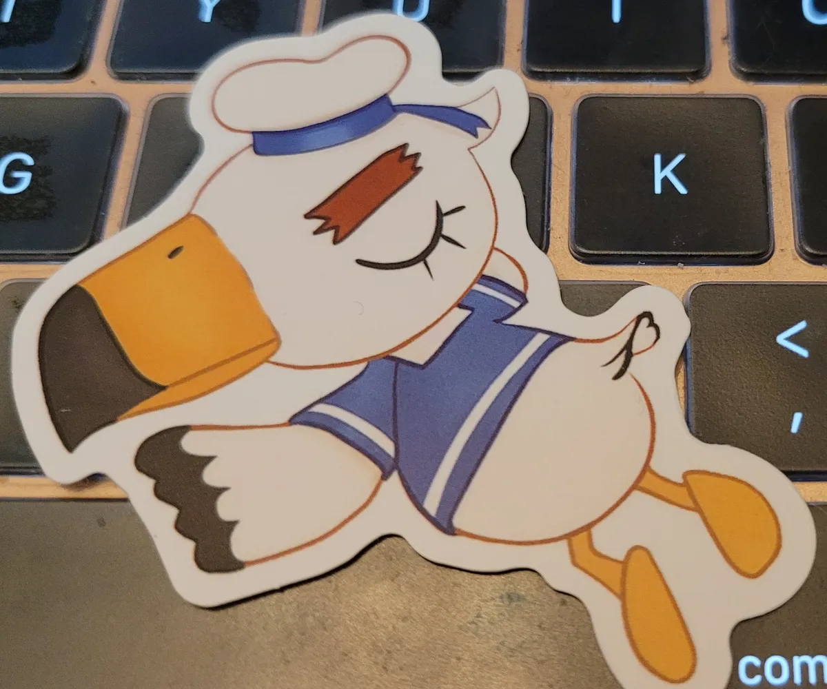 Illustration of Gulliver the pelican from Animal Crossing New Horizons. He is passed out, as he often is on the beach of your island.