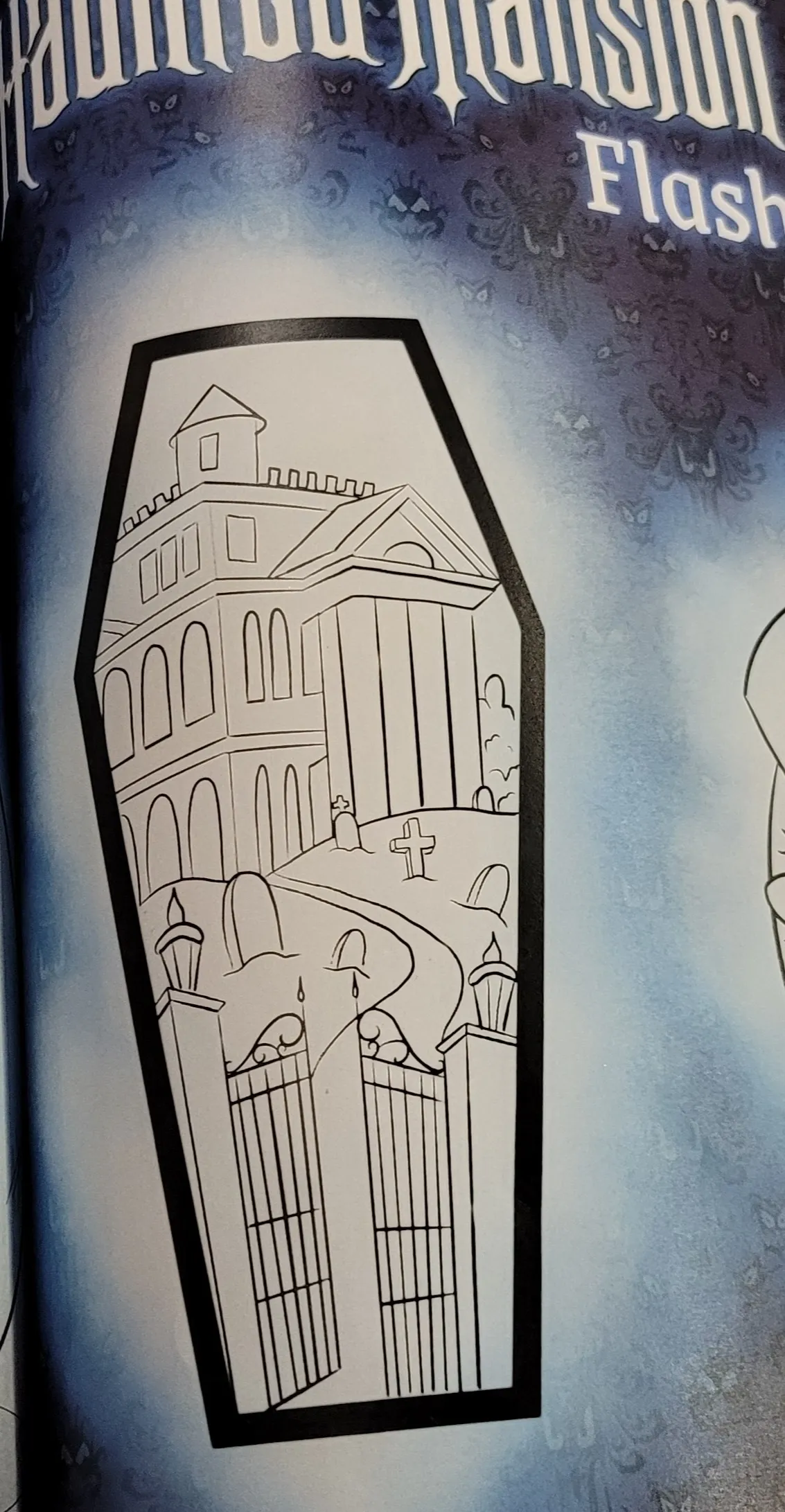 The flash art of a coffin-shaped tattoo of the Haunted Mansion in Disneyland California.