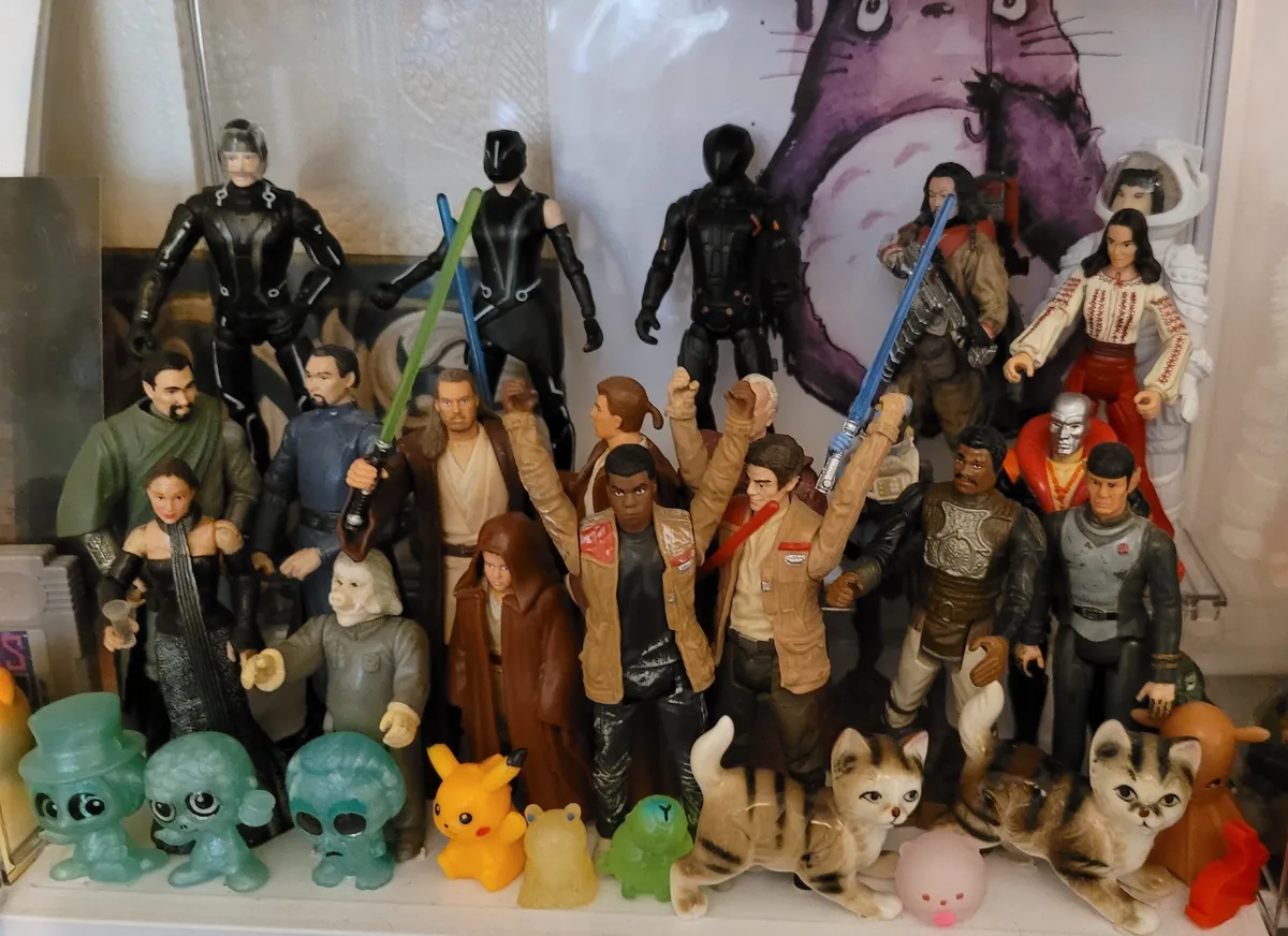 A display case filled with action figures and various other little knick-knacks.