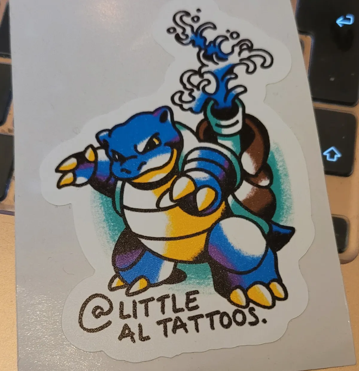An illustration of a Blastoise from Pokémon in an American Traditional tattoo style