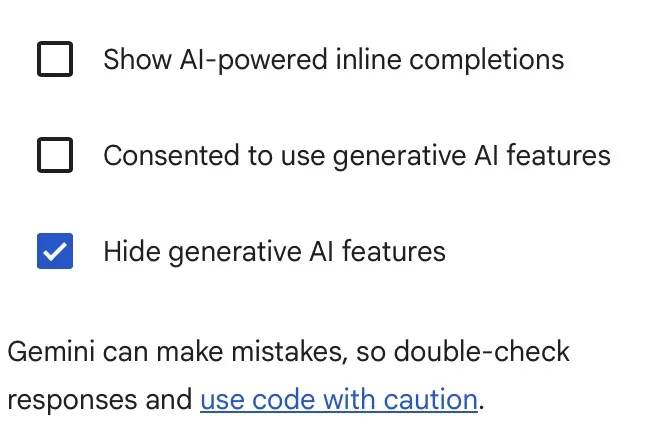 Screenshot of Google Colab's AI Settings, which are "Show AI-powered inline completions", "Consented to use generative AI features", and "Hide generative AI features". Unsurprisingly, only "Hide generative AI features" is ticked. Underneath the settings, Google also warns you that Gemini could be wrong. 