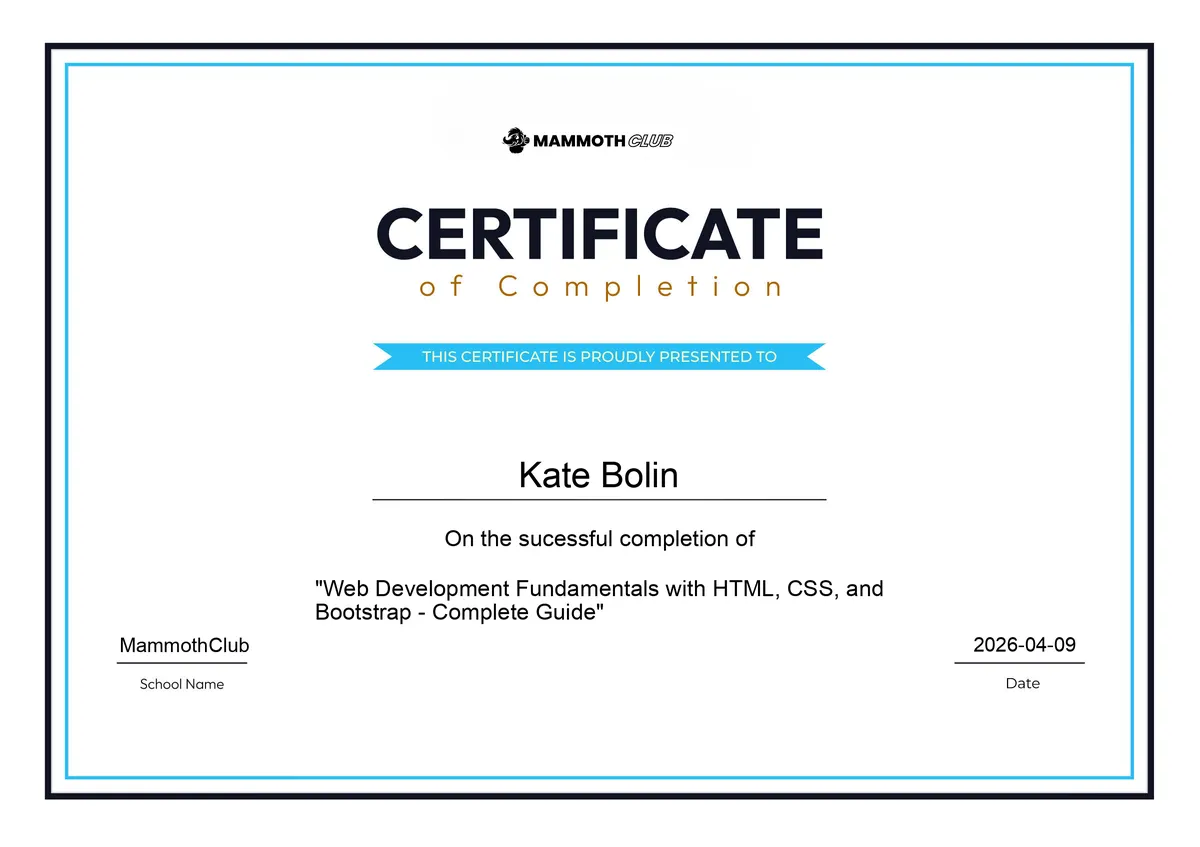 A certificate stating that I, Kate Bolin, have completed the Web Development Fundamentals with HTML, CSS, and Bootstrap course