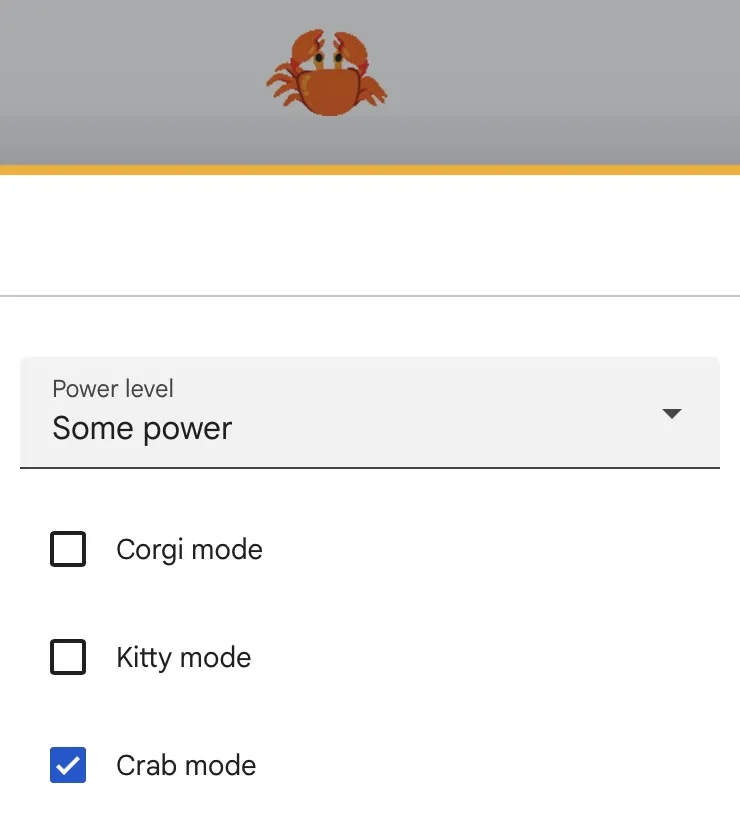 Screenshot of the Google Colab settings for Corgi Mode, Kitty Mode, and Crab Mode, with a drop-down specifying the power level. Crab Mode is ticked, with Some Power as the level, and in the top menu bar, there is a solitary crab dancing across the screen.