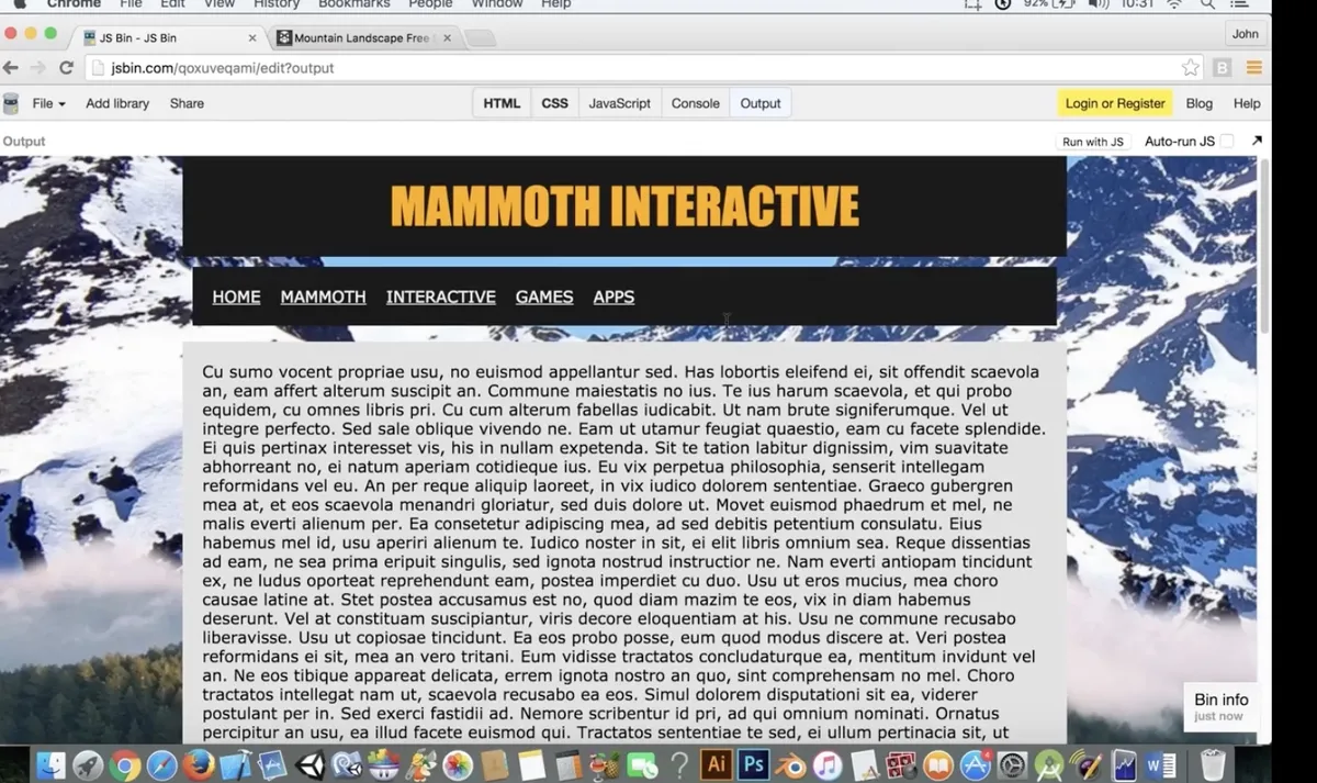Screenshot of the site being designed in CSS in an Hour, which is one-column, coloured backgrounds, and a giant image in the background of that.