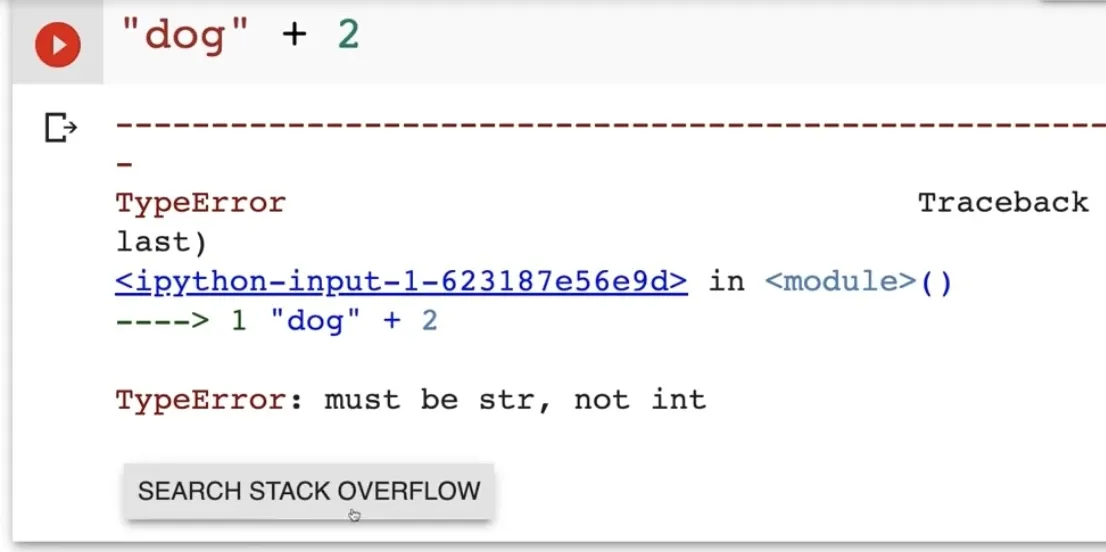 Screenshot of the lecture video, showing a piece of Python code that has brought up an error and a button that says "Search Stack Overflow"