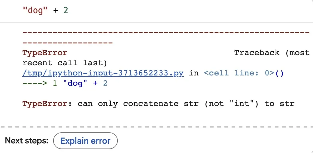 Screenshot of my Google Colab window, with the same piece of Python code that has brought up the error, but instead of searching Stack Overflow, the button just says "Explain error"