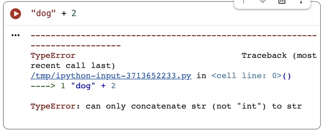 Screenshot of my Google Colab window, with the same Python code and the same Python error, but now there is no button that says it will explain anything.
