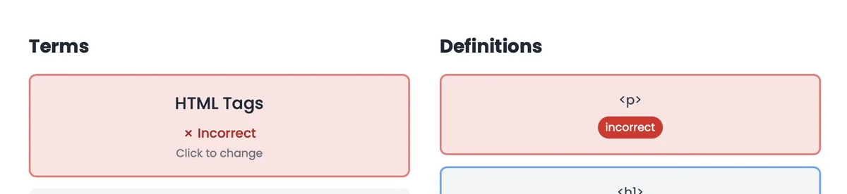 The HTML Quiz, where I have chosen "HTML Tag" to match with "p" but am being told that is incorrect.