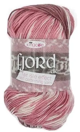 A ball of King Cole Fjord DK in the Loen colour, which is sort of a pink, brown, and white combo.
