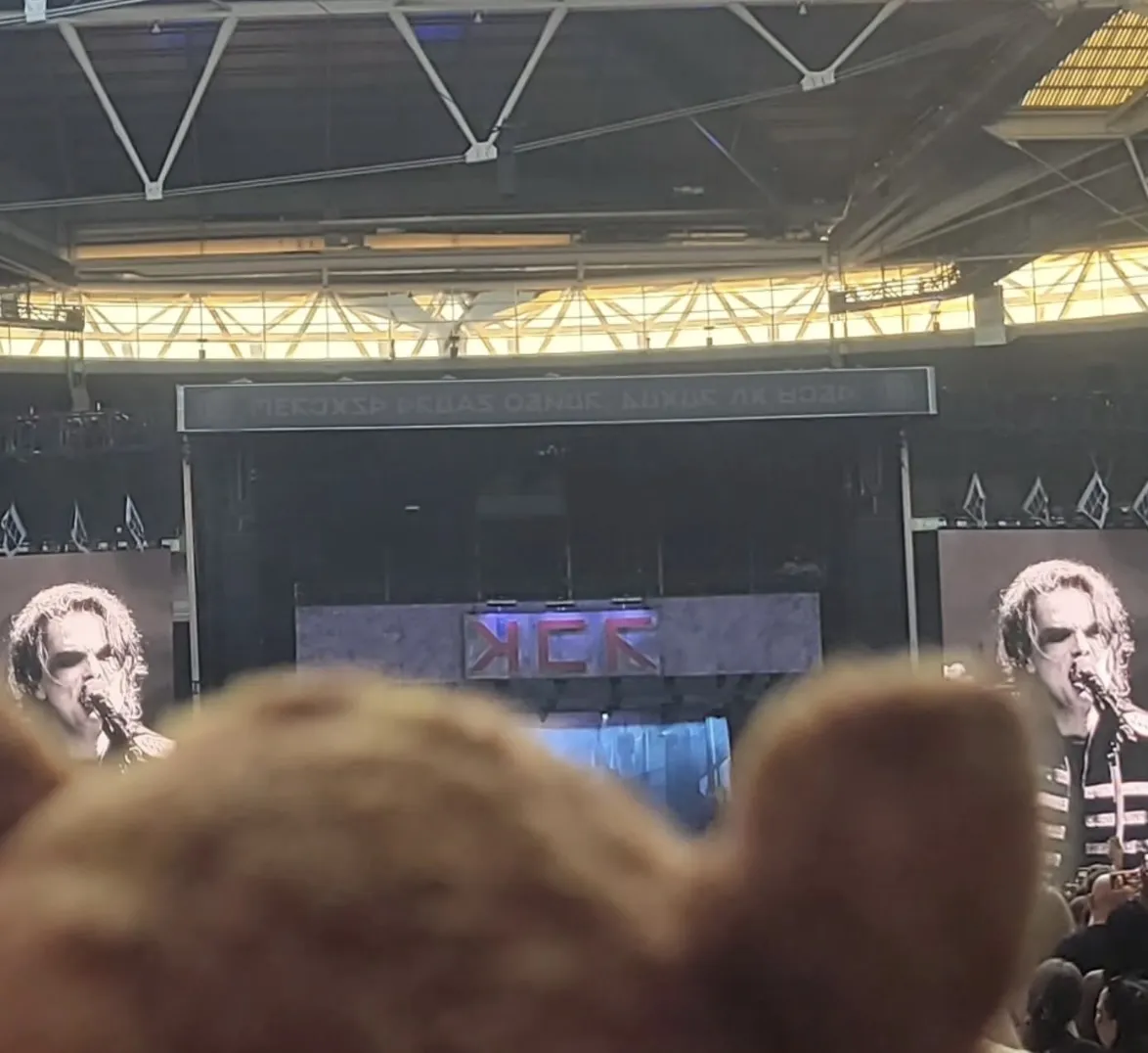 Lemur's head in front of a giant stadium stage, with giant screens showing Gerard Way singing