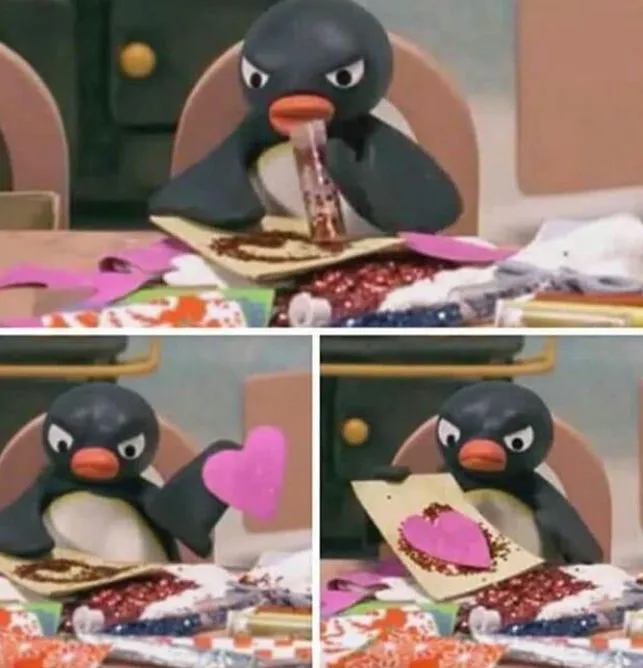 Three images together arranged to show actions. In the first, Pingu (the little claymation penguin) is angrily shaking red glitter onto a card. In the second, he is angrily holding up a cardboard heart. In the third, he has attached the cardboard heart to the card and is angrily holding up the card. He will do these crafts, but by god, he's mad about it. 